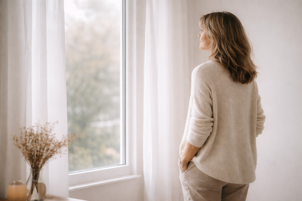 Femme d’environ 45 ans debout près d’une fenêtre, de profil, dans une lumière naturelle douce, illustrant un moment d’écoute et de réflexion intérieure