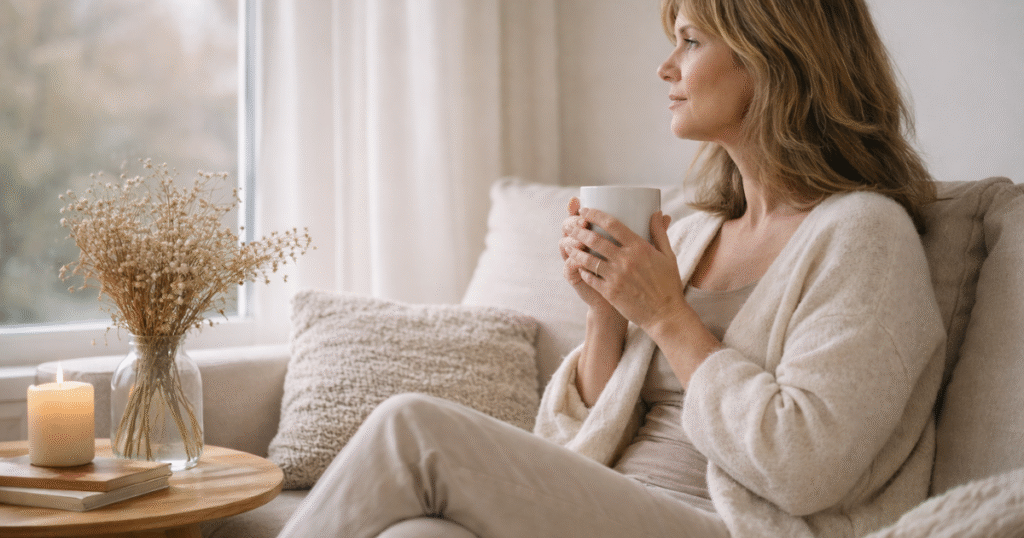 Femme d’environ 45 ans assise près d’une fenêtre, tenant une tasse chaude, dans une ambiance calme et lumineuse