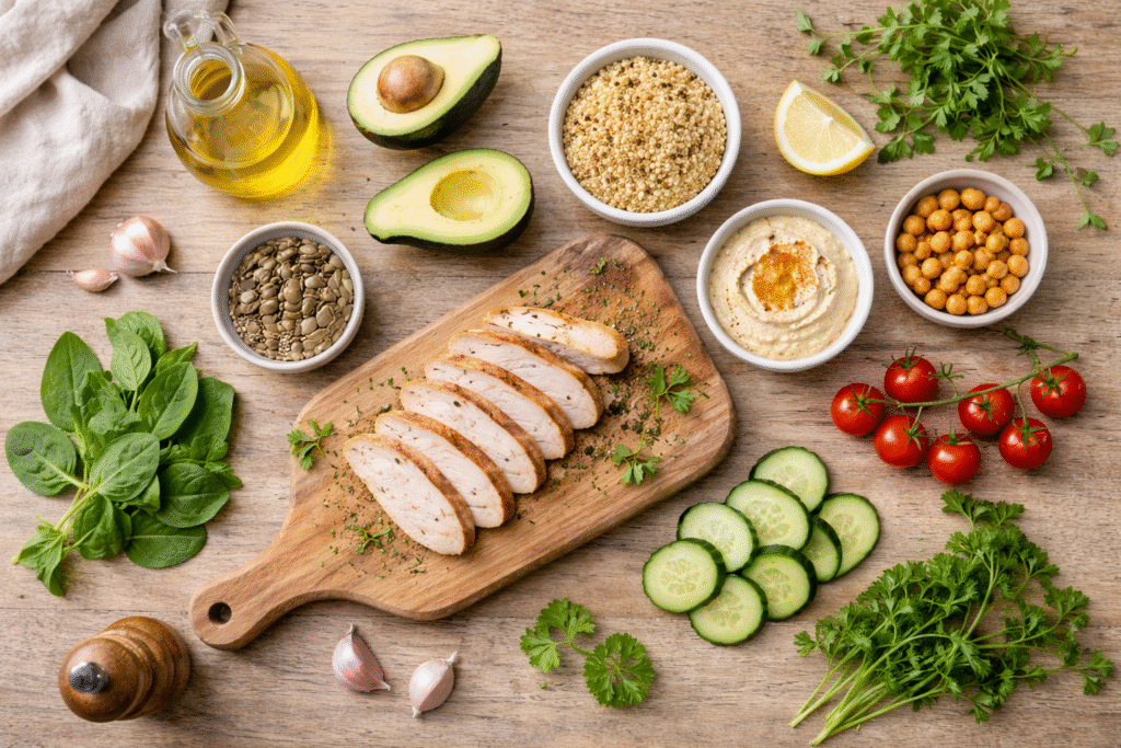 Sélection d’aliments simples et bruts disposés sur une table en bois, légumes frais, céréales, légumineuses et protéines, illustrant une nutrition équilibrée et consciente.