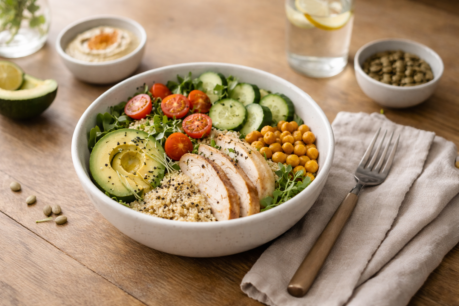 Assiette composée d’un repas simple et équilibré à base de légumes, céréales et protéines, présentée sur une table en bois à la lumière naturelle.